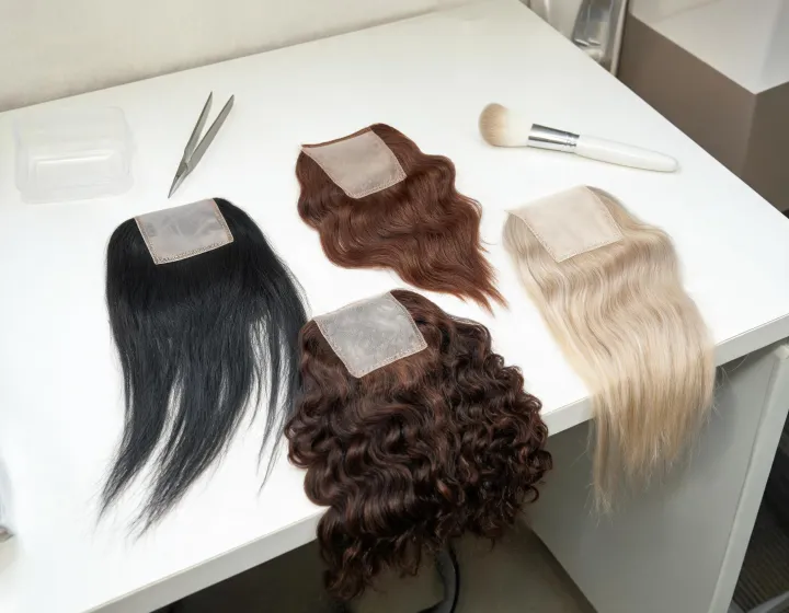 Closure Wig Sourcing on a cosmetics bench, illustration only