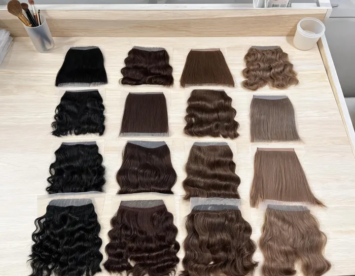 4x4 closure wig on a cosmetics bench, illustration only