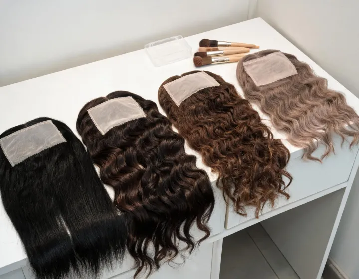 lace closure wig on a cosmetics bench, illustration only